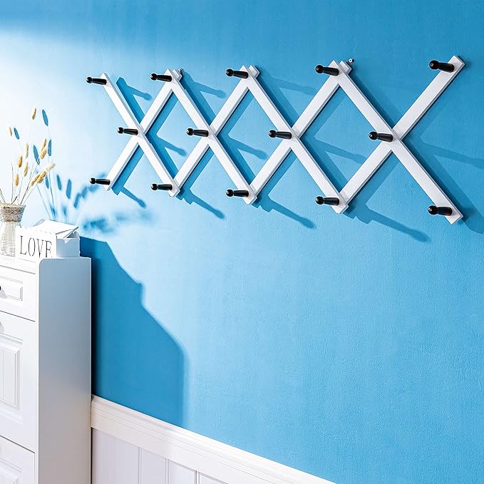 SKOLOO Hat Rack for Wall with 14 Hooks, Solid Wooden, Modern, Expandable Coat Rack Wall Mount for Coats, Hats, Bags, Baseball Caps, Black on White - Image 3