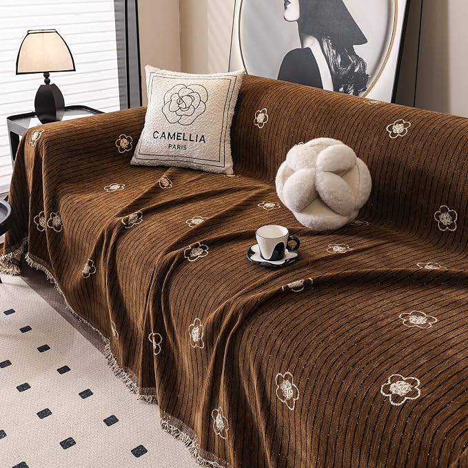 ROOMLIFE Boho Couch Covers Brown for 3 Cushion Sofa, Chenille Couch Cover Sectional Sofa Cover for Dog, Washable Furniture Sofa Protector Cover Soft Blanket with Tassel for Living Room, 71 '' X 150'' - Image 8