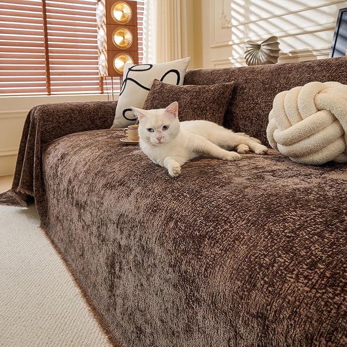 ROOMLIFE Brown Couch Cover 2 Cushion Sofa, Washable Non Slip Furniture Sofa Protector Cover, Soft Chenille Sofa Slipcovers Sectional L Shape Dogs Couch Cover Throw Blanket with Tassels 71''X118'' by ROOMLIFE