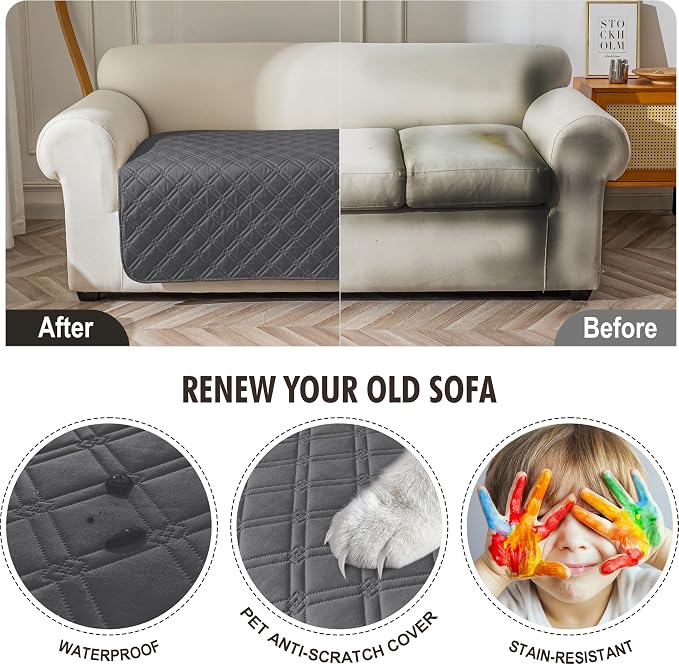Genina Waterproof Couch Cover, Washable Anti-Slip 86.6 inch Sofa Covers with 4 Cushions, Sectional Couch Covers for Pets Friendly, Sofa Slipcovers for Dogs Cats, (86inch/Dark Grey) - Image 4
