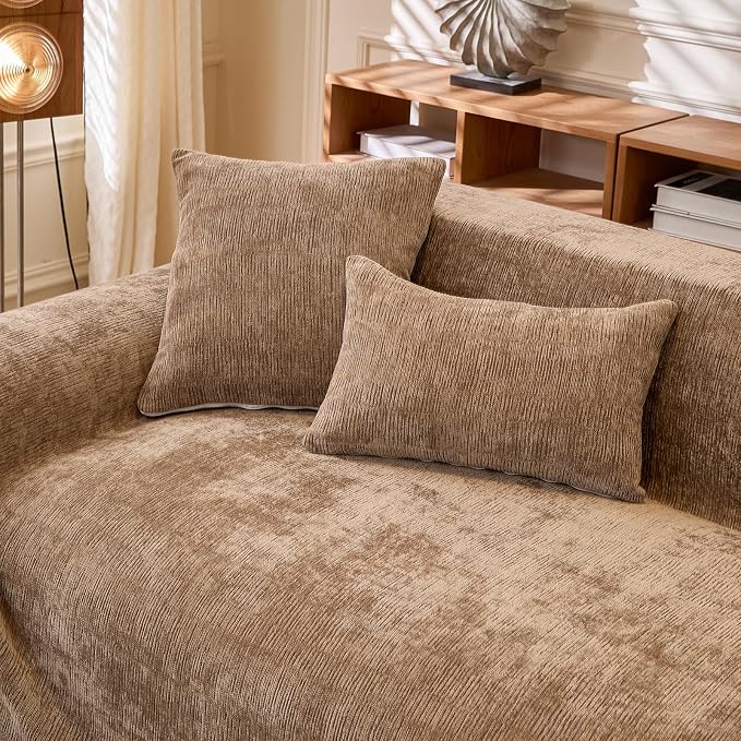 Solid Brown Chenille Sofa Cover for 3-4 Cushion Couch, Tassel Design | Boho Chenille Couch Throw Cover for Cat Proof Multifunctional Anti-slip Furniture Protector for Pets,Sofas, XX-Large - Image 7