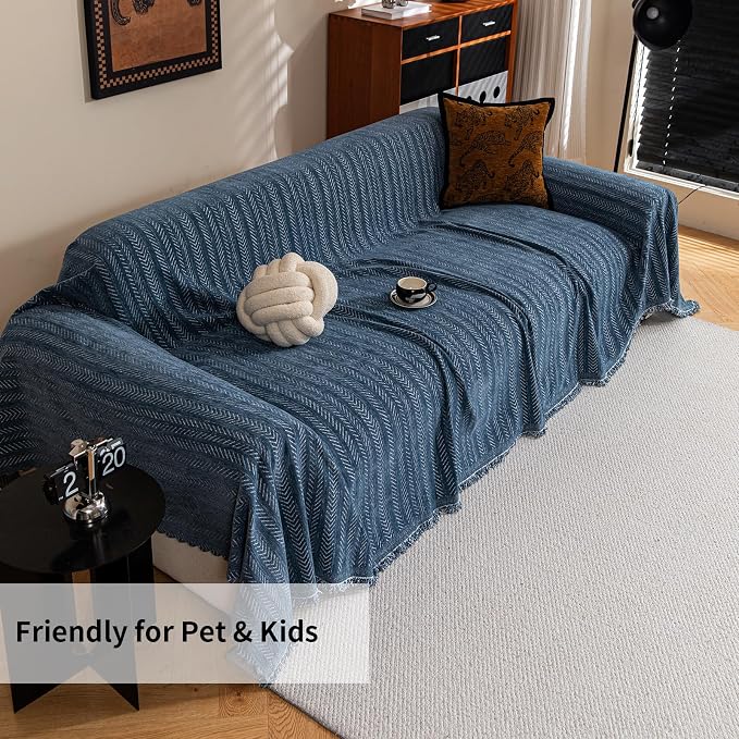 Sofa Covers for 3 Cushion Couch Seat, Loveseat Non Slip Couch Cover Chenille Strip Couch Throw Blankets with Tassels, Sectional Sofa Slipcovers Furniture Protector for Pets, Kids 71"x150", Dark Blue - Image 7