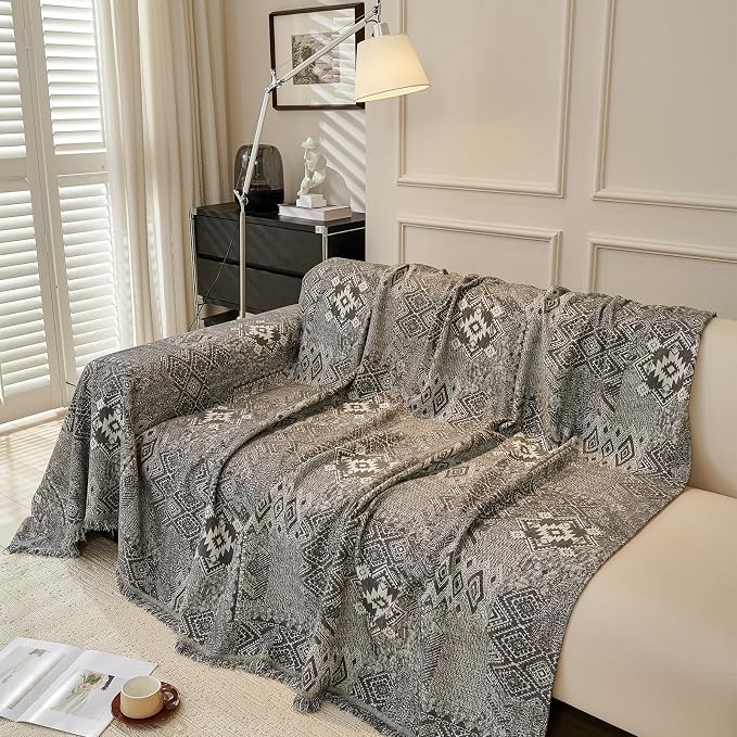 DREAMINGO Couch Cover - Geometric Jacquard, Dark Grey, Boho Vintage 3 Cushion Couch Covers for Dogs Washable, Chenille Furniture Protector Sectional Sofa Slipcovers 3 Seater, XX-Large 71"x150" - Image 2