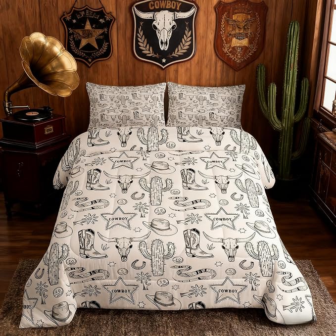 Homewish Western Cowboy Kids Comforter Set Twin Size,Cow Skull Horseshoe Cactus Rustic Bedding Set,Adults Bedroom Decor,Cowboy Boot Hat Farmhouse Down Comforter,Retro Duvet Insert,1 Pillowcase - Image 4