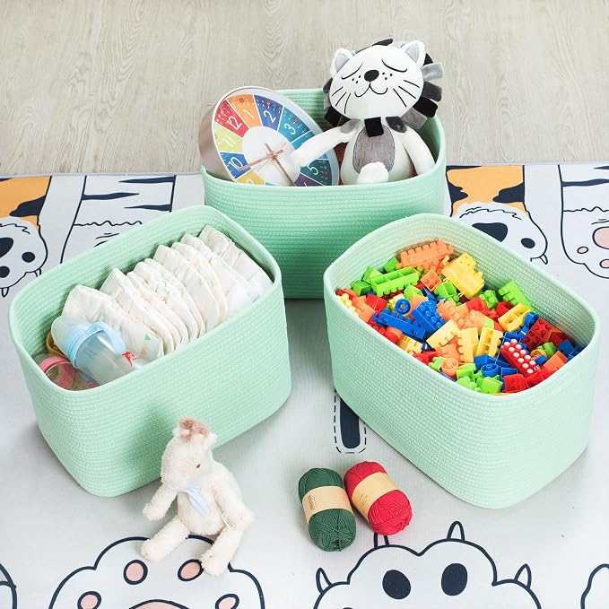 MINTWOOD Design 3-Pack Decorative Woven Storage Baskets for Shelves, Cube Bin Box for Organizing Books, Shoes, Dog Toys, Pantry Closet and Living Room Organizer, Mint - Image 5