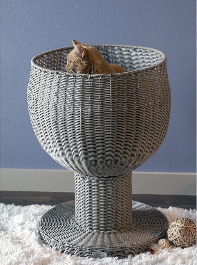 The Refined Feline Kitty Ball Cat Bed Cave for Indoor Cats in Smoke, Claw-Proof Faux Rattan Cat Furniture, Easy to Clean Elevated Cat Bed with Washable & Replaceable Covered Cushion - Image 2