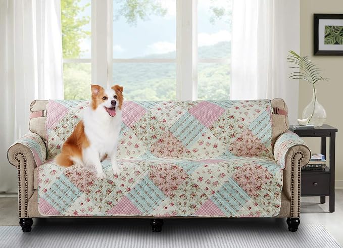 Brilliant Sunshine Pink and Green Rose Patchwork Couch Cover, Quilted Large Sofa Slipcover, 70" Seat width, Slip Resistant Furniture Protector, 2" Strap, Washable Couch Cover for Dogs, Kids,Pink Green | Non Slip Sofa Cover, Quilted Furniture Protector,... by BrilliantSunshine