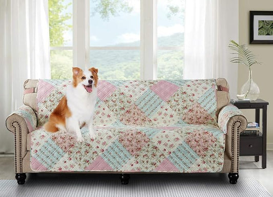 Brilliant Sunshine Pink and Green Rose Patchwork Couch Cover, Quilted Large Sofa Slipcover, 70" Seat width, Slip Resistant Furniture Protector, 2" Strap, Washable Couch Cover for Dogs, Kids,Pink Green | Non Slip Sofa Cover, Quilted Furniture Protector,... by BrilliantSunshine