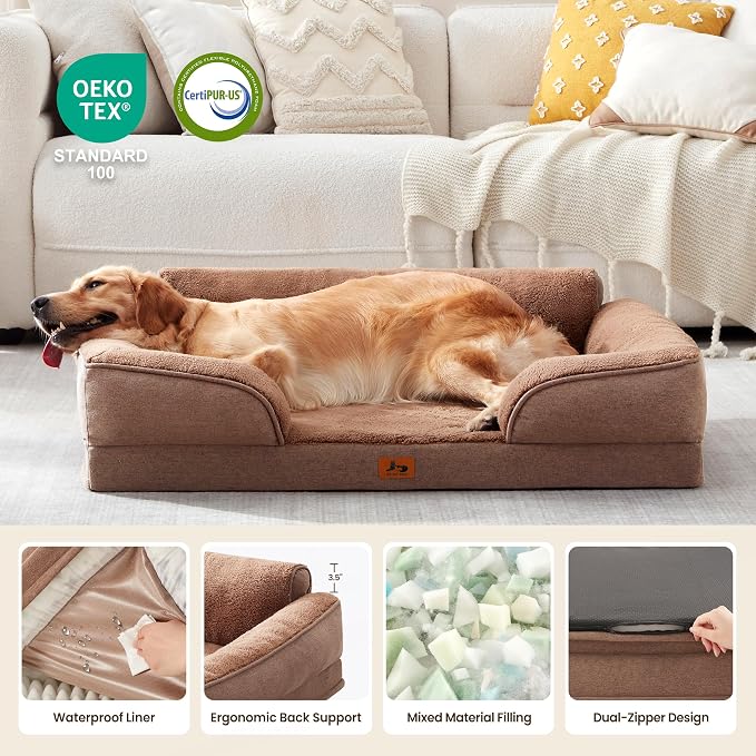 XL Orthopedic Dog Beds for Large Dogs, Waterproof Egg-Crate Foam Pet Couch Bed with Soft Sides, Non-Slip Dog Sofa with Fleece Removable Washable Cover, 42" L Supportive Pet Sofa, Brown - Image 2