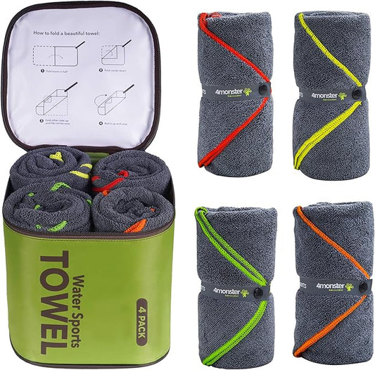 4Monster 4-Pack Quick Dry Microfiber Travel Towels – Super Absorbent, Ultra-Soft Camping Towel Set with Water-Resistant Bag, Lightweight & Compact for RV, Gym, Beach, Pool, Swimming, and Family Trips by 4Monster