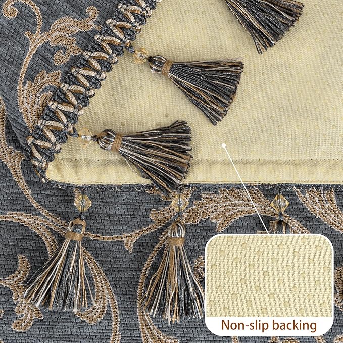 Loom and Mill Chenille Sofa Arm Covers 2 PCS, Blue-Grey+Khaki, 20x24in | Elegant Acanthus Jacquard Couch Armrest Cover with Tassels, Non-Slip Furniture Protector for Chair Sofa Recliner Couch Dogs - Image 4