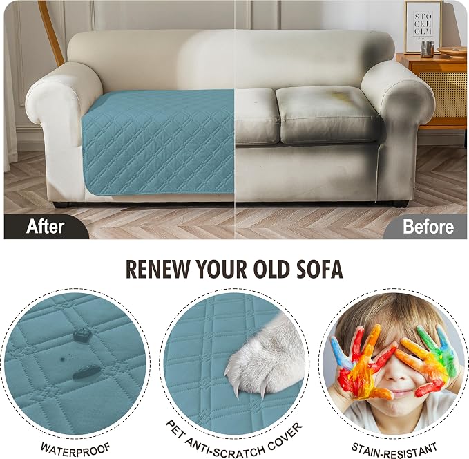 Genina Waterproof Couch Cover, Washable Anti-Slip 51 inch Loveseat Sofa Covers with 2 Cushions, Sectional Couch Covers for Pets Friendly, Sofa Slipcovers for Dogs Cats, (51inch/Blue) - Image 4