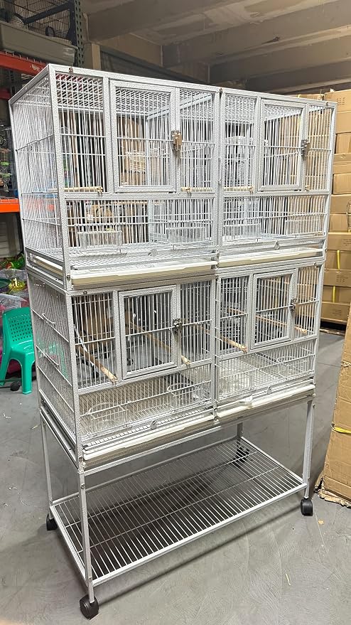 Combo Sturdy Wrought Iron Breeding Double Stacker Center Divided Breeder Bird Flight Double Rolling Cage with Side Breeding Nest Box Doors Lockable Rolling Wheels - Image 7