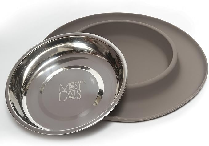 Messy Cats Single Silicone Feeder, Stainless Bowl, 1.75 Cup, Grey | Non-Slip Silicone Cat Feeding Station With Removable Stainless Steel Saucer Bowl For Food Or Water - Image 2