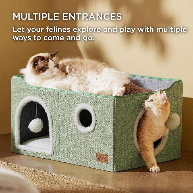 Bedsure Extra Wide Cat House Bed with Fluffy Ball and Scratch Pad,Green | 23.6x16.9x13 in,Indoor Cat Cave for Multiple Pets, Foldable Cat Hideway Cube for Sleeping Large Cat and Kitten - Image 2