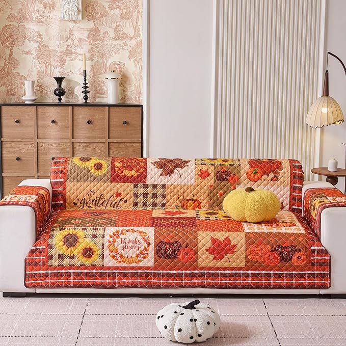 EVENHUG Fall Sofa Cover for Festival Home Decorations Thanksgiving Slipcover Furniture Protector Washable Couch Cover with Non Slip and Elastic Straps for Kids Pets Dogs (Sofa) - Image 6