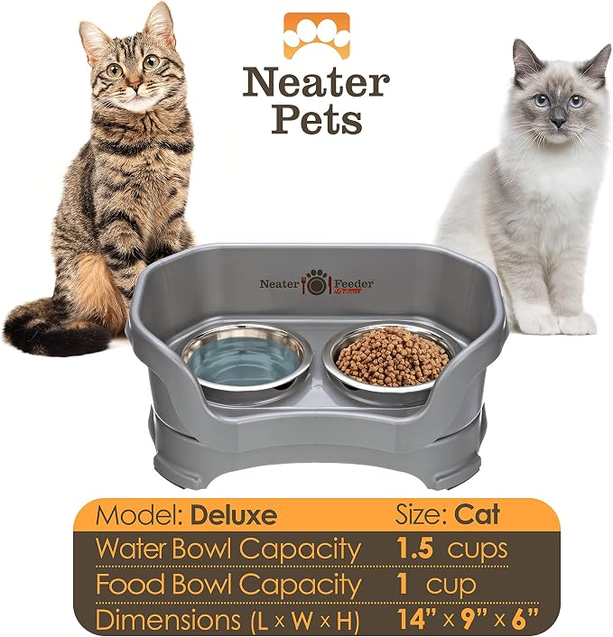 Neater Pet Brands Neater Feeder Deluxe Mess Proof Cat Bowls Elevated, Made in USA, No Spill Raised Bowls for Indoor Cats, Stainless Steel Food and Water Bowl Set, Pet Dish Feeding Station, Gunmetal - Image 5