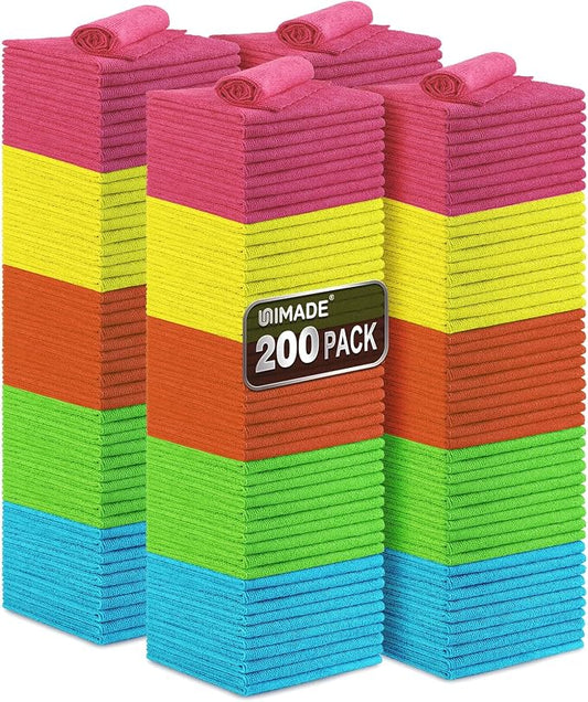 UNIMADE Microfiber Cleaning Cloth, 200PK Reusable Shop Rags Bulk | Microfiber Cleansing Cloth Lint Free Cleaning-Towel for Car Kitchen Automotive Bar Mechanic Garage,11.5"x11.5",Multicolor by Unimade