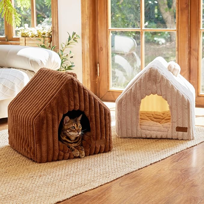 FUKUMARU Cat Bed Cave, Enclosed Washable Covered Dog Bed with Support Frame | Large Cat House for Indoor Cats, Cozy Cat Hideaway for Anxious Cats, Soft Plush Faux Fur Cat Tent Bed, Non-Slip Bottom, Brown - Image 8