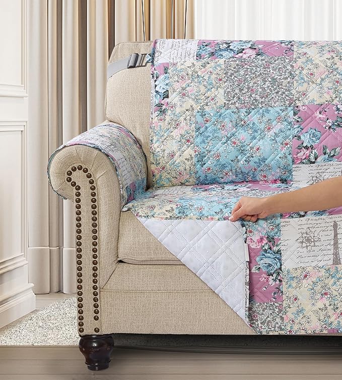Brilliant Sunshine Lilac and Egg Blue Rose Toile Armchair Cover, 23" seat | Traditional Patchwork Design, Non Slip Sofa Cover, Quilted Furniture Protector, Washable Chair Slipcover for Pets, Dogs - Image 4