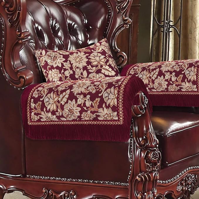 Loom and Mill Vintage Jacquard Sofa Arm Covers 2 PCS, Burgundy, 20x24in | Elegant Floral Couch Armrest Cover with Tassels, Non-Slip Furniture Protector for Chair Sofa Recliners Couch Dogs Pets by LoomandMill