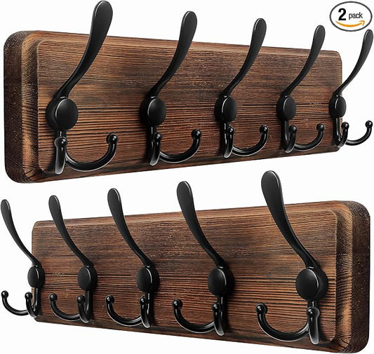 Dseap Coat Rack Wall Mounted - 5 Tri Hooks, Heavy Duty, Wooden Wall Coat Hanger Coat Hook for Clothes Hat Jacket Clothing, Natural & Black, 2 Packs by Dseap