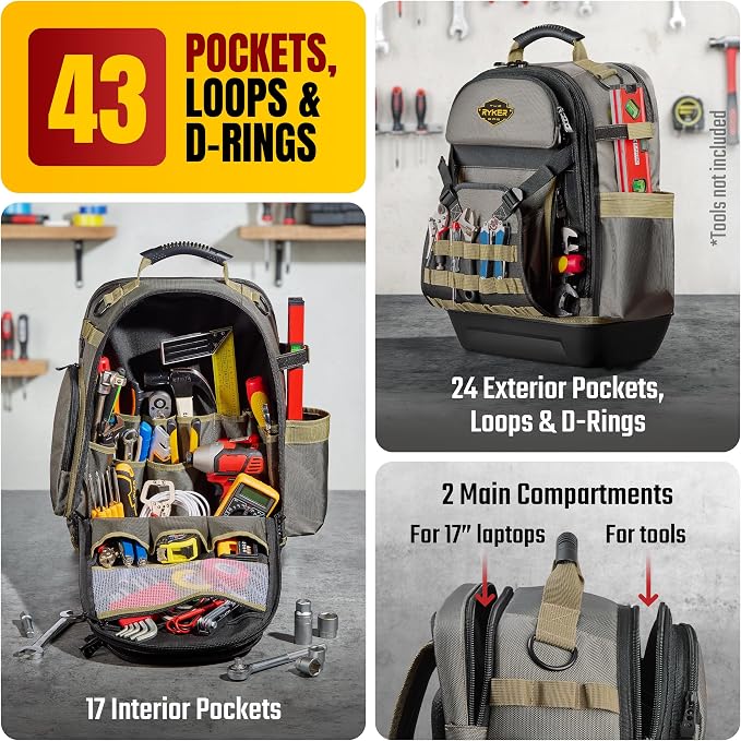 Ryker Tool Backpack Heavy Duty Organizer. Contractor & Electrician Tool Bag | 43-Pocket Back Pack w/ Hard Bottom. Tool Box for Men HVAC Technician Plumber & Electrician Tools. Jobsite Gear Organization - Image 2