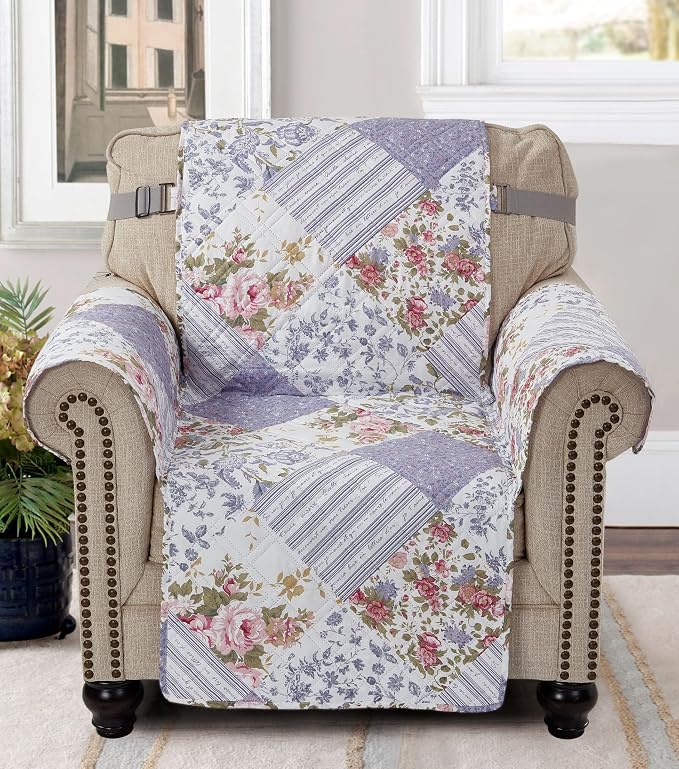 Brilliant Sunshine Rose Violet Floral Couch Armchair Cover, 23" seat | Patchwork Design, Non Slip Sofa Cover, Quilted Furniture Protector, Washable Chair Slipcover for Pets, Dogs, Dogs & Cats - Image 2