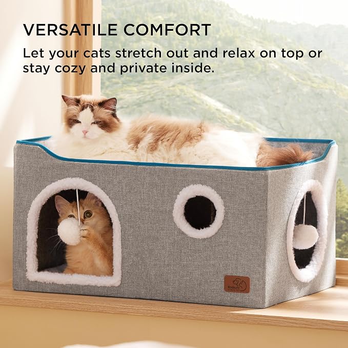 Bedsure Extra Wide Cat House Bed with Fluffy Ball and Scratch Pad,Grey | 23.6x16.9x13 in,Indoor Cat Cave for Multiple Pets, Foldable Cat Hideway Cube for Sleeping Large Cat and Kitten - Image 3