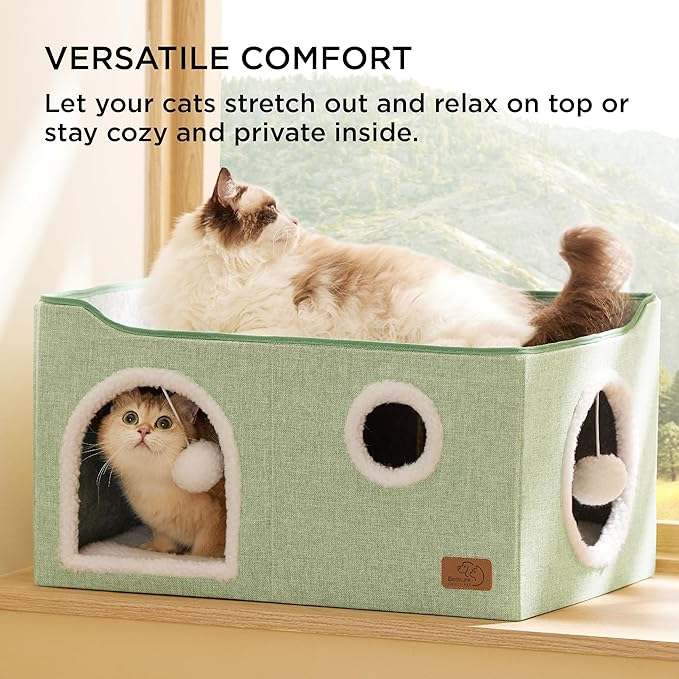 Bedsure Extra Wide Cat House Bed with Fluffy Ball and Scratch Pad,Green | 23.6x16.9x13 in,Indoor Cat Cave for Multiple Pets, Foldable Cat Hideway Cube for Sleeping Large Cat and Kitten - Image 3