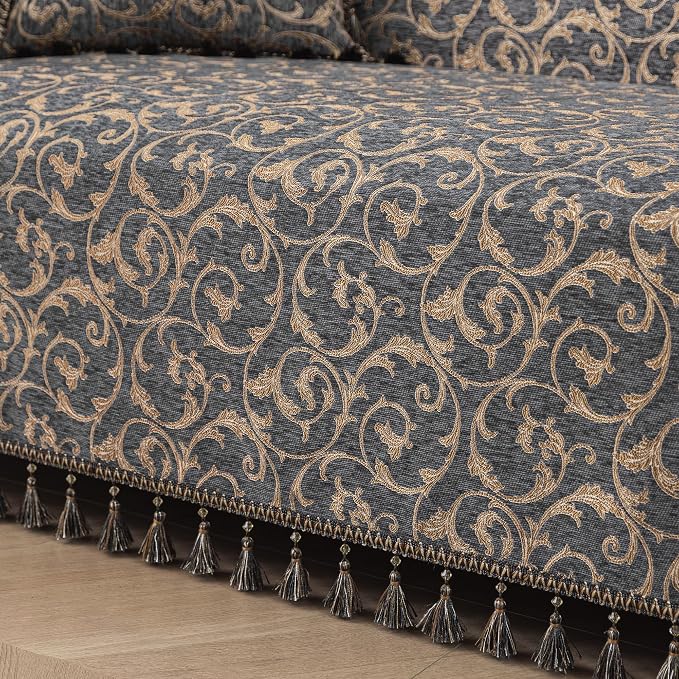 Loom and Mill Chenille Jacquard Sofa Covers, Blue-Grey+Khaki, 71"x118" | Elegant Acanthus Sofa Throw Cover with Tassels for 2-3 Cushion Couch, Sectional Couch Cover Sofa Slipcover for Dogs Pets - Image 4
