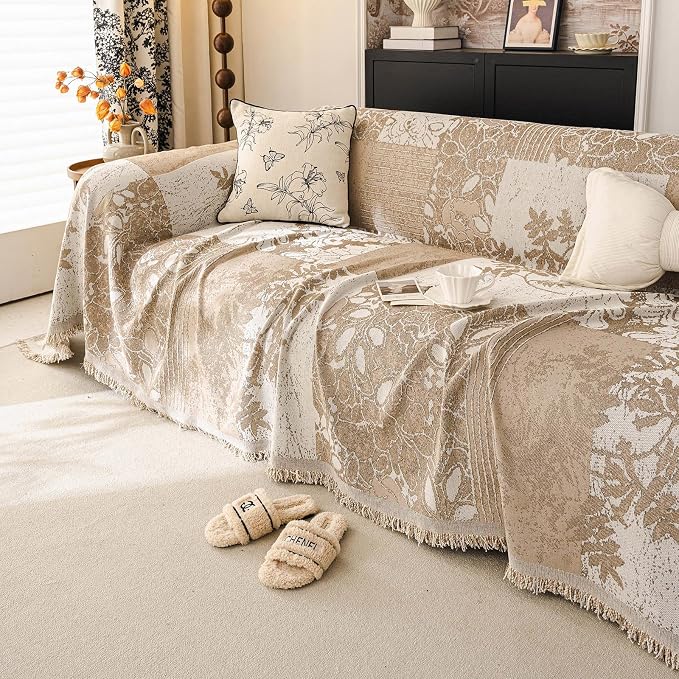 STACYPIK Botanical Floral Couch Cover for Pets Textured Beige Cream Patchwork Sofa Cover for 3 Cushion Couch with Tassels Dogs Couch Cover for Sectional Love Seat Protector for Living Room-71X134IN - Image 8