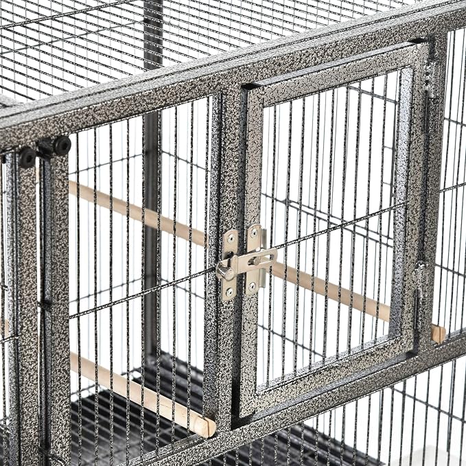PawHut Divided Breeder Bird Cage with Rolling Stand Removable Metal Tray, Storage Shelf, Wood Perch, and Food Container | Storage Shelf, Wood Perch, Food Container - Image 8