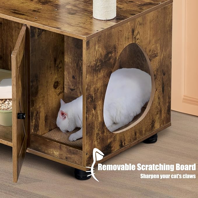 Yaheetech All-in-one Litter Box Enclosure with Cat Tree, Rustic Brown/Beige | Odor-control wooden litter box furniture w/ventilation holes, plush top perch, condo & scratching posts, easy-wipe surfaces - Image 8