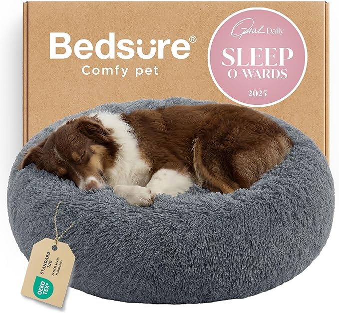 Bedsure Calming Dog Beds Large Sized Dog Donut Washable Pet Bed,36ins | Fluffy Faux Fur Round Cuddler,with Removable Washable Cover,Anti-Slip Bottom,Anti-Anxiety,for Pets Up to 80 Lbs,Dark Grey by Unknown