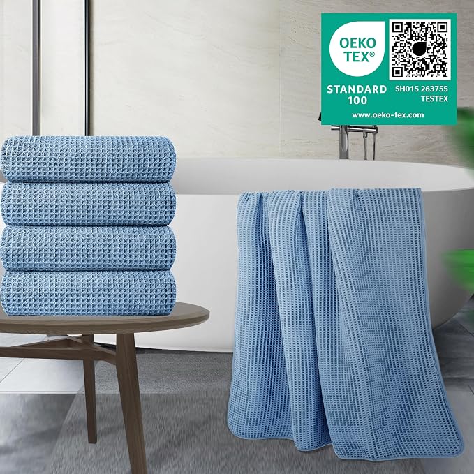 POLYTE 430 GSM Microfiber Oversize Quick Dry Lint Free Bath Towel, 60 x 30 in, 4 Pack (Waffle Weave) - Image 2
