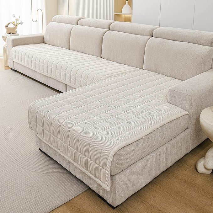 Velvet Couch Covers for Sectional Sofa Washable, Non-Slip L Shaped Sectional Couch Cover, Soft Pet Couch Covers for Sofa, Furniture Slipcovers for 3 Cushion Couch(1PC,35"x83",Beige White) - Image 3