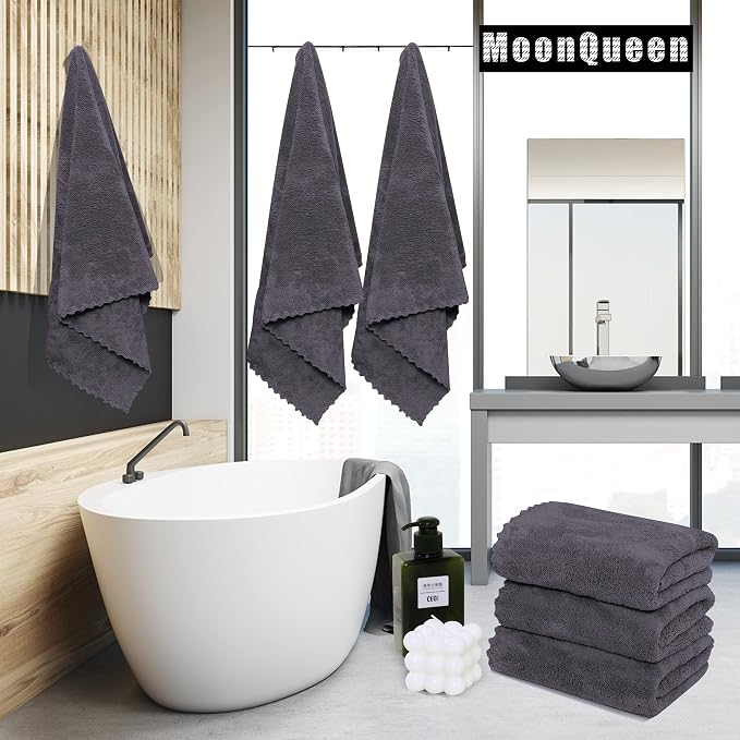 MOONQUEEN 2 Pack Premium Bath Towel Set - Quick Drying - Microfiber Coral Velvet Highly Absorbent Towels - Multipurpose Use as Bath Fitness, Bathroom, Sports, Yoga Towel (Dark Grey, Bath Towel) - Image 2
