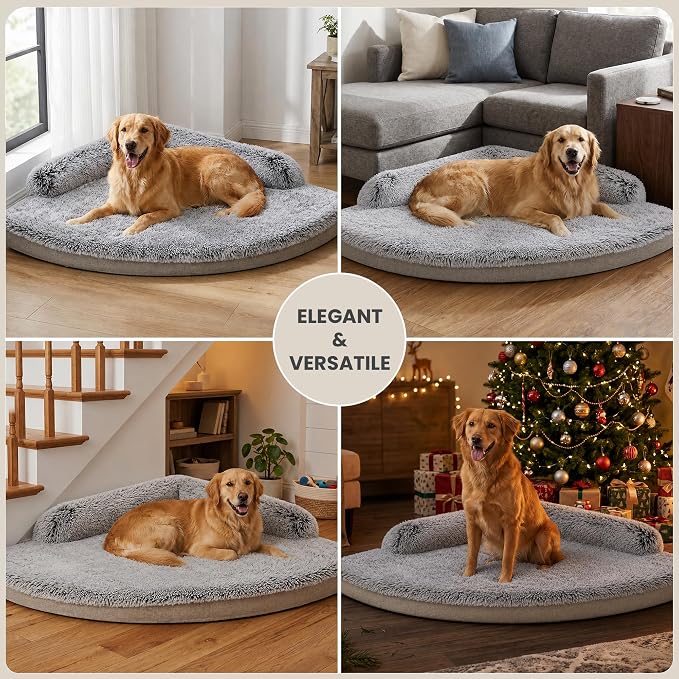 Corner Dog Bed XL, 42" Calming Fluffy Orthopedic Pet Beds, Beige | Space saving plush corner nest,egg-crate foam, washable cover, waterproof liner, non-slip bottom and bolsters for large dogs - Image 7