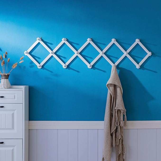 SKOLOO Accordion Wall Hanger with 16 Hooks, Modern Expandable Coat Rack Hat Rack for Wall, Solid Wooden, White - Image 2