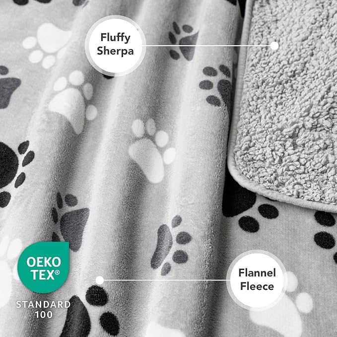 PETAMI Sherpa Fleece Waterproof CAT and Dog Blanket, PAW Gray, Queen - Image 3