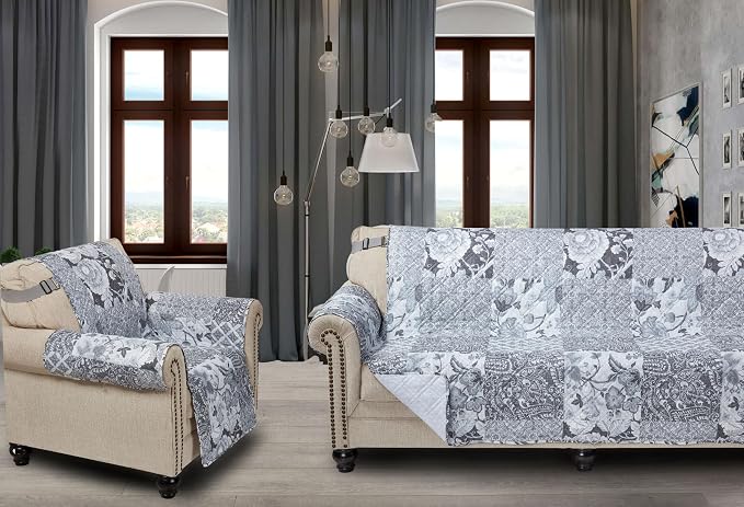 Brilliant Sunshine Multi Grey Flowers Loveseat Cover, 54" seat | Patchwork Design, Non Slip Sofa Cover, Quilted Furniture Protector, Large Washable Love Seat Slipcover for Pets, Dogs & Cats - Image 6