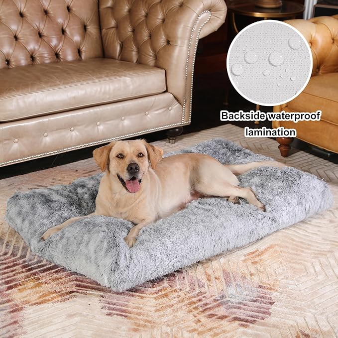 Bedfolks Waterproof Crate Bed, Plush Dog Kennel Pad with Removable Washable Cover, Faux Fur, Fluffy, 41"x27", Dark Grey - Image 2