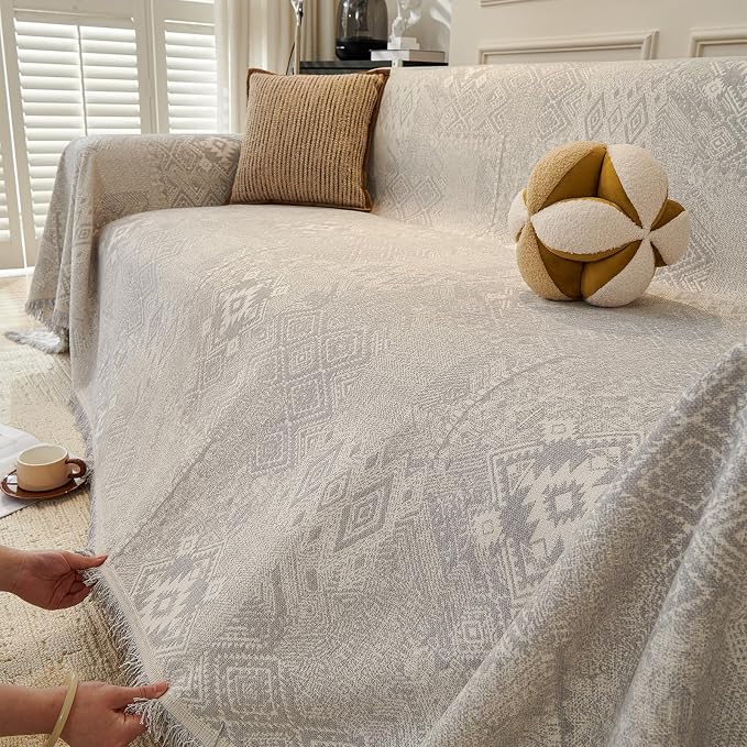 DREAMINGO Light Grey Couch Protector Boho Sofa Covers for 3 Cushion Couch Geometric Jacquard Soft Chenille Furniture Cover for Dogs Washable Vintage Sofa Slipcovers for Sectional, 71"x150" - Image 4