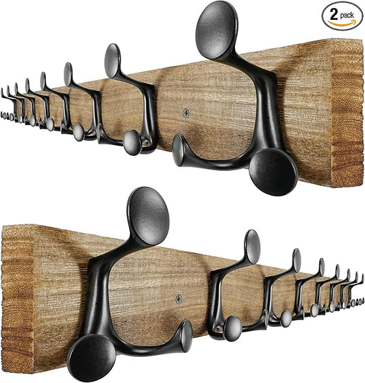 SKOLOO 43-Inch Wood Burnt Coat Rack Wall Mount with 8 Triple Hooks - Ideal for Family Entrances, Classrooms, and Pet Supplies Storage - Perfect Coat Hooks for Wall, Pack of 2 by SKOLOO