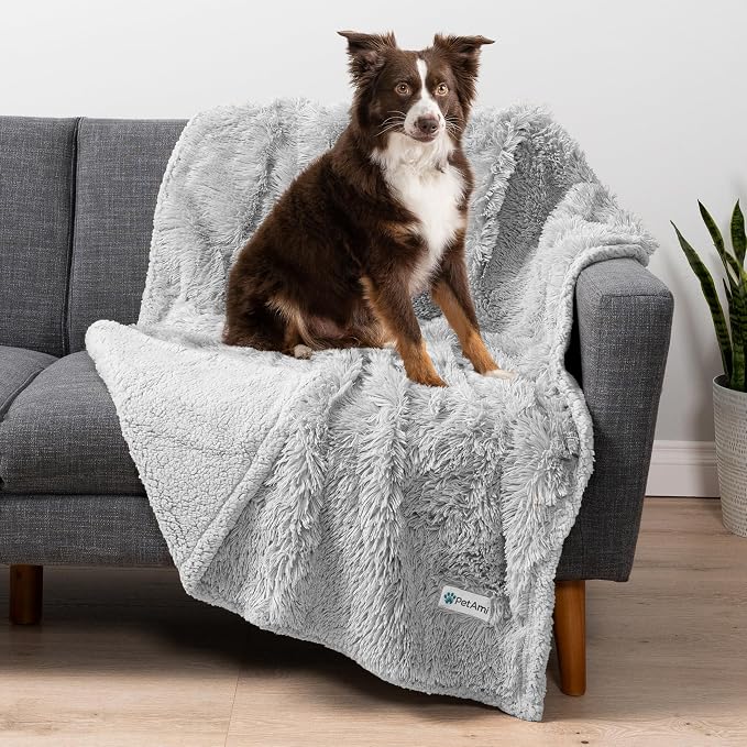 PetAmi Waterproof Dog Blanket for Couch, Bed & Furniture,Reversible Sherpa & Faux Fur Pet Blanket, Leakproof Blanket for Dog Cat, Washable Couch Protector, Soft Calming Pet Throw (40x60, Light Gray) by PetAmi