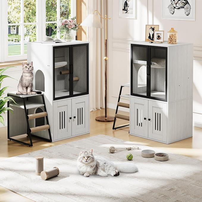 GarveeLife Cat Litter Box Enclosure with Doors, Double Cat House with Storage Space, Enclosed Litter Box Furniture with Ladder, Retro White - Image 8