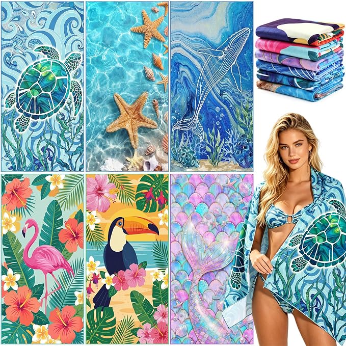 Remagr 6 Pcs Oversized Microfiber Beach Towels Bulk 60"x 28" Extra Large Quick Dry Absorbent Sand Free Towels for Adults, Pool, Travel, Swim, Yoga, Gym (Oceans and Animals) by Remagr