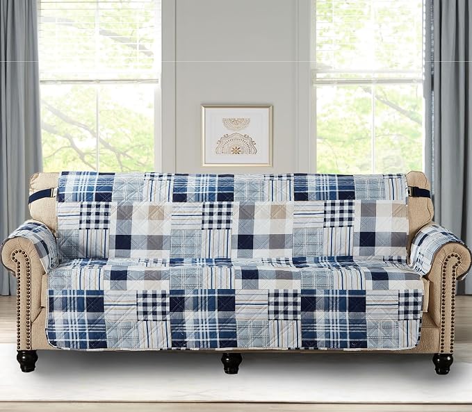 Brilliant Sunshine Blue Plaids & Stripes Patchwork Couch Cover, 78" seat | Non Slip Sofa Cover, Living Room Quilted Furniture Protector, Extra Large Washable Slipcover for Pets, Dogs & Cats - Image 5