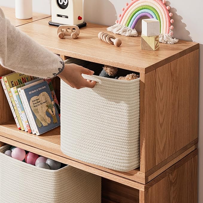 joybest 13inch Cube Storage Bins, Cotton Rope Woven Organizer Basket | Set of 4 Cube Bin Square Shelves Organizer Closet Storage, Nursery, Toy Organization, Beige - Image 4